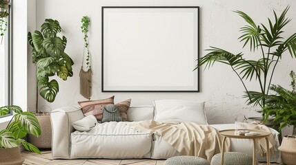 Cozy and Aesthetically Pleasing Interior Setup: Blank Mockup Frame Surrounded by Elegant Decor and Lush Greenery