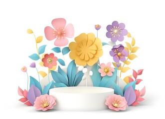 Playful floral composition with podium for product presentation, light, pastel paper structure.
