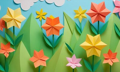 Leaves, flowers and clouds made of cut paper, blue background, spring, cardboard.