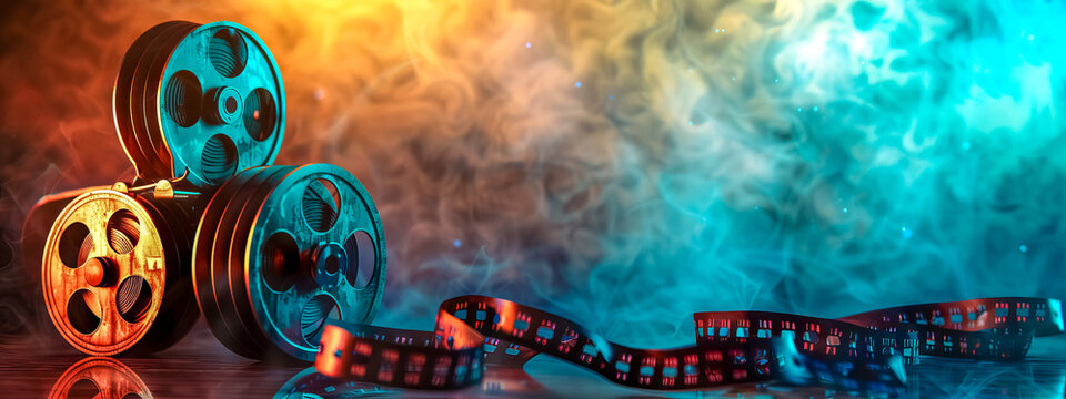 Vintage cinema reels on abstract colorful background