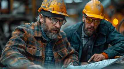 Obraz premium construction workers look at blueprint at the construction site
