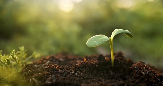 Small sapling plant sprouting in dirt, growing and thriving in rays of sunlight.