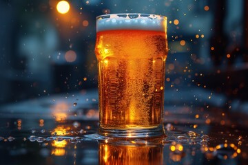 Glass of beer with foam on a night background. The backlight of a street lamp illuminates the beer bubbles. Beer advertising concept - obrazy, fototapety, plakaty