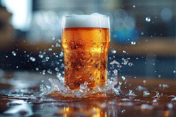 A glass of foamy beer was dynamically placed on the table with splashes. Splashes from the glass scattered around. Beer promotion concept