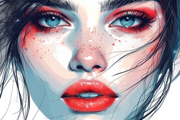 Girl with bright red makeup. Close-up portrait of a girl with big plump lips painted with scarlet lipstick and eyes painted with scarlet eye shadow. Fashion makeup concept