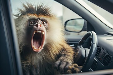 Surprised baboon sitting in the driver's seat of a car - obrazy, fototapety, plakaty