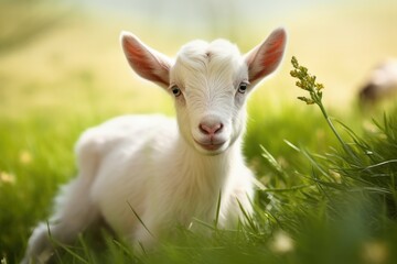 Obraz premium White baby goat lying in green grass with a soft look b