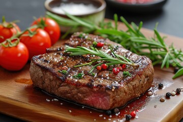 Juicy steak with blood and grill marks, garnished with a sprig of rosemary and spices, served with tomatoes on a wooden tray. Grilled food concept