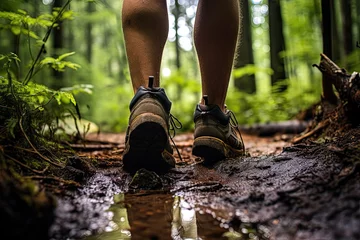 Abwaschbare Fototapete Close-up of hiking boots on a muddy forest trail hiking © BetterPhoto