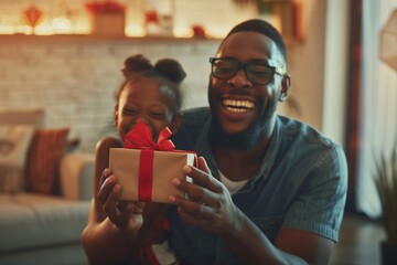 A man and a little girl are sitting on the floor, and the man is holding a present for the girl. Scene is joyful and happy, as the man and the girl are smiling and enjoying each other's company - obrazy, fototapety, plakaty