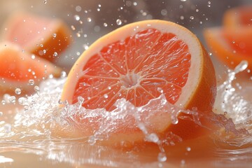 Juicy grapefruit dynamically falls into grapefruit juice with splashes. Halves of a grapefruit against a background of drops and juicy splashes flying in different directions. Fruit concept