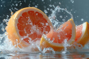 A juicy ripe grapefruit cut into pieces dynamically fells into the water with splashes. Healthy fruit concept