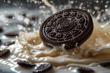 Chocolate cookies fall dramatically into the milk, crumbling into pieces, milk splashes flying around. Cookie advertising concept - obrazy, fototapety, plakaty