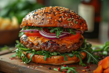 A large, delicious cheeseburger with a juicy cutlet, melted cheese, tomatoes, onions and herbs in a toasted bun, sprinkled with sesame seeds and seeds. The burger is served on a wooden tray - obrazy, fototapety, plakaty