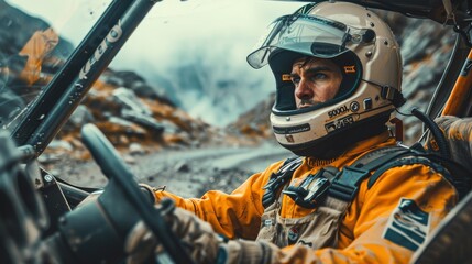 The gaze of a rally driver standing on the starting line, with muddy footprints reflected in the visor of his helmet. A moment of intense concentration is captured as a rally driver in a bright yellow - obrazy, fototapety, plakaty