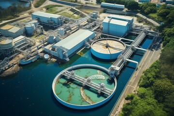 Aerial view of a modern water treatment plant, showcasing the intricate network of purification tanks and channels. An example of advanced engineering and sustainable infrastructure in urban planning