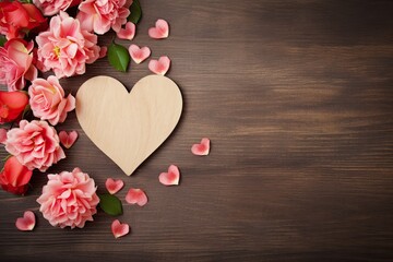 Wooden heart surrounded by pink flowers