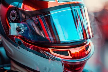Professional racer wearing a helmet with a colorful visor reflecting on the track. Close-up of a focused racer wearing a safety helmet with a colorful visor reflecting the intense energy of the race - obrazy, fototapety, plakaty