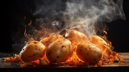 Charcoal cooked potatoes, hot, smoke. Backed in coals sweet potato. Close up shot on black background - obrazy, fototapety, plakaty