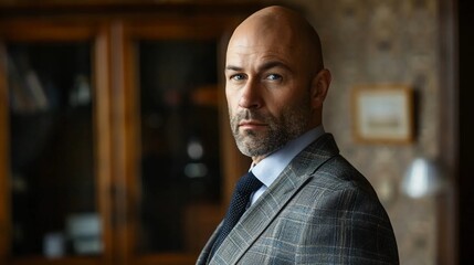 Fototapeta premium Bald man in a suit, confident businessman