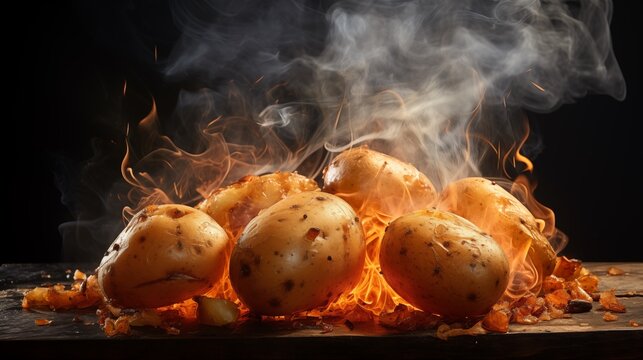 Charcoal cooked potatoes, hot, smoke. Backed in coals sweet potato. Close up shot on black background