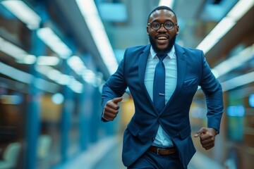 A confident African American businessman wearing glasses and a turquoise suit running in an urban environment with dynamic motion blur effect. A dynamic image of a middle-aged businessman in a formal