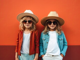 Stylish kids with sunglasses and hats against a red wall