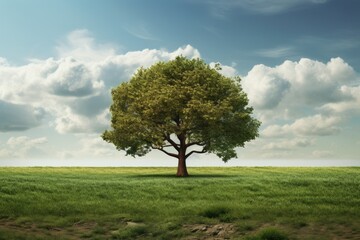 Solitary tree in a lush green field under a blue sky