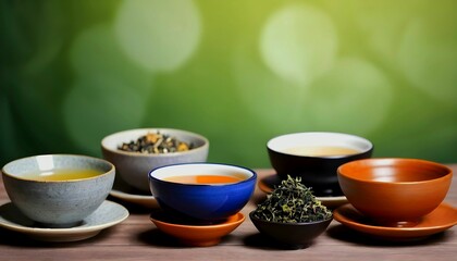 Set of different tea in saucer on wooden background, assortment of dry tea in ceramic bowls on blurred zen style background, with copy space created with generative ai