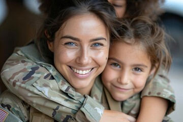 A joyful military mother hugs her young children, sharing moments of happiness. In a touching home scene, a smiling military mother in uniform returns to the arms of her young children, their faces - obrazy, fototapety, plakaty