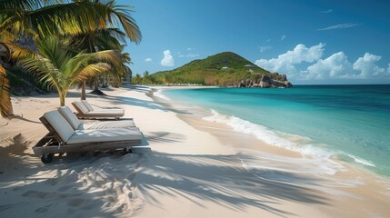 Scene of beach with benches and palm trees