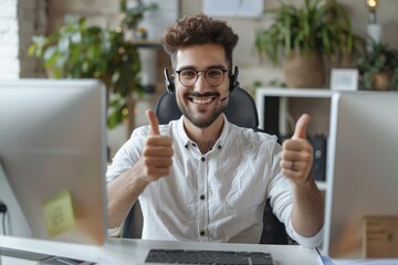 Enthusiastic male customer service representative showing thumbs up in modern office. Cheerful call center agent with headset in bright office showing satisfaction and success with thumbs up.