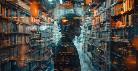 Silhouette of a young man with a library overlaid. Fusion of a person with rows of books. Concept of endless knowledge, wisdom acquisition, mental exploration, thought depth, and literary world.