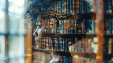 Silhouette of a African American woman with a library overlaid. Fusion of a black person with rows of books. Concept of endless knowledge, wisdom acquisition, mental exploration, and literary world. - obrazy, fototapety, plakaty