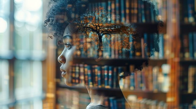 Silhouette of a African American woman with a library overlaid. Fusion of a black person with rows of books. Concept of endless knowledge, wisdom acquisition, mental exploration, and literary world.
