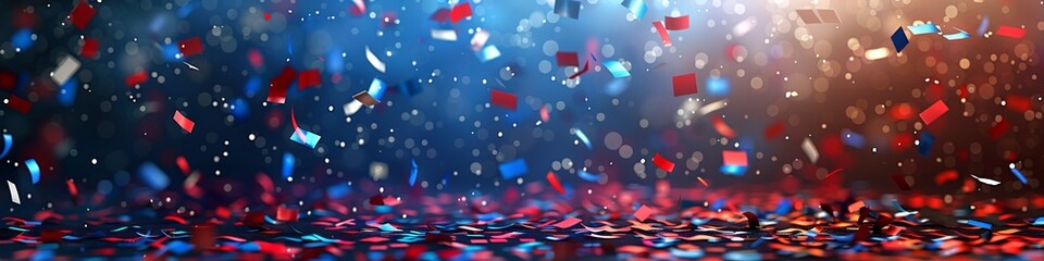 Red and blue confetti falling against dark background. Celebratory American political event backdrop. Concept of elections, patriotism, national events, festive atmosphere. Wide Banner with copy space - obrazy, fototapety, plakaty