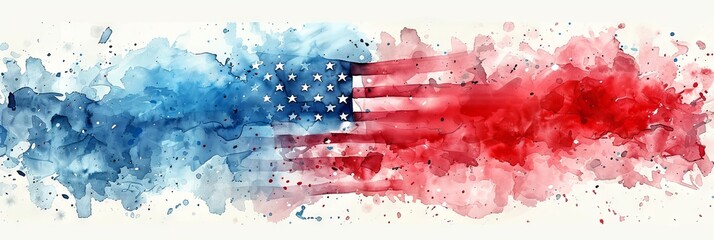 Watercolor interpretation of the American flag. Fluid blend of red, white, and blue. Concept of patriotism, American culture, and artistic expression of national pride. Banner with copy space - obrazy, fototapety, plakaty