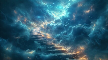 Ethereal stairway amidst glowing celestial clouds. Steps winding through a luminous cloud formation. Concept of mystical ascent, spiritual passage, astral plane, and cosmic journey. - obrazy, fototapety, plakaty