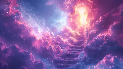 Stairway piercing through illuminated clouds, leading to a glowing portal. Vision of transcendence and ethereal passage. Concept of hope, enlightenment, and divine path. Watercolor - obrazy, fototapety, plakaty