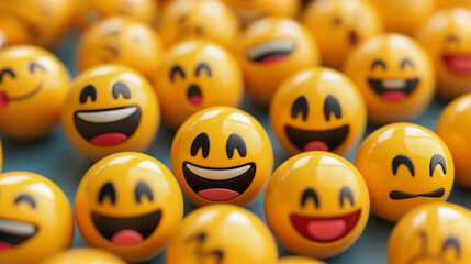 Yellow 3D emoji icons, capturing the essence of various human emotions and reactions through vibrant and recognizable symbols