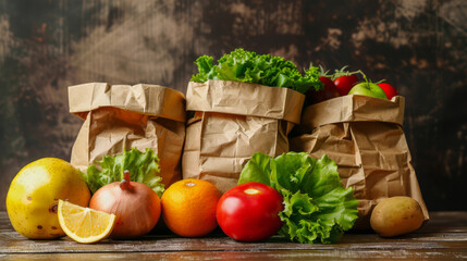 Grocery paper bags with vegetables and fruit
