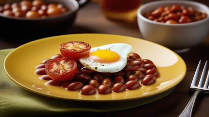 Plates are filled with sunny-side-up eggs, crispy bacon, grilled tomatoes, sautéed mushrooms, and...