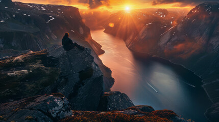 Hiker sitting on the top of the cliff above the fjord - obrazy, fototapety, plakaty