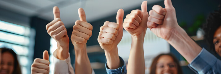 Hands, thumbs up and group of business people for success, agreement or deal achievement at office. Teamwork, yes sign and OK emoji for winning, synergy or solidarity at startup with employee support - obrazy, fototapety, plakaty