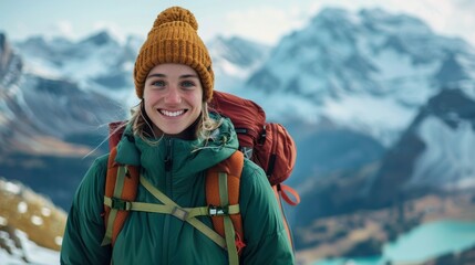 Smiling tourist in a cap enjoying a breathtaking view of the mountains. A cheerful young female traveler with blue eyes, dressed in a green jacket and a yellow cap, stands against a stunning backdrop