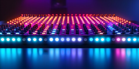 Modern audio mixing console in a dark music recording studio lit up with colorful lights. Concept Music Equipment, Recording Studio, Audio Mixing, Colorful Lighting, Modern Technology