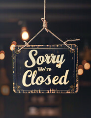 Elegantly Scripted "Sorry We're Closed" Sign with Rustic Metal Clips and Twine on a Glowing Bokeh Background