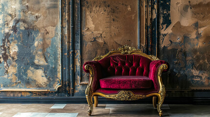 Vintage red velvet sofa against rustic wall
