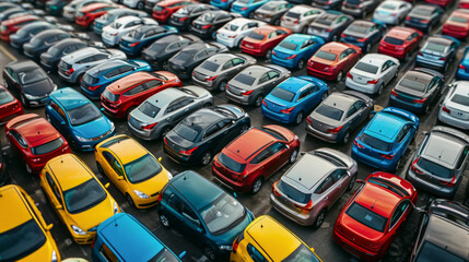 Fototapeta premium Outdoor giant warehouse of newly manufactured cars, taken from a drone