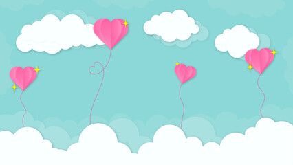 Cloud and heart with the blue sky cartoon paper cut style background vector illustration.